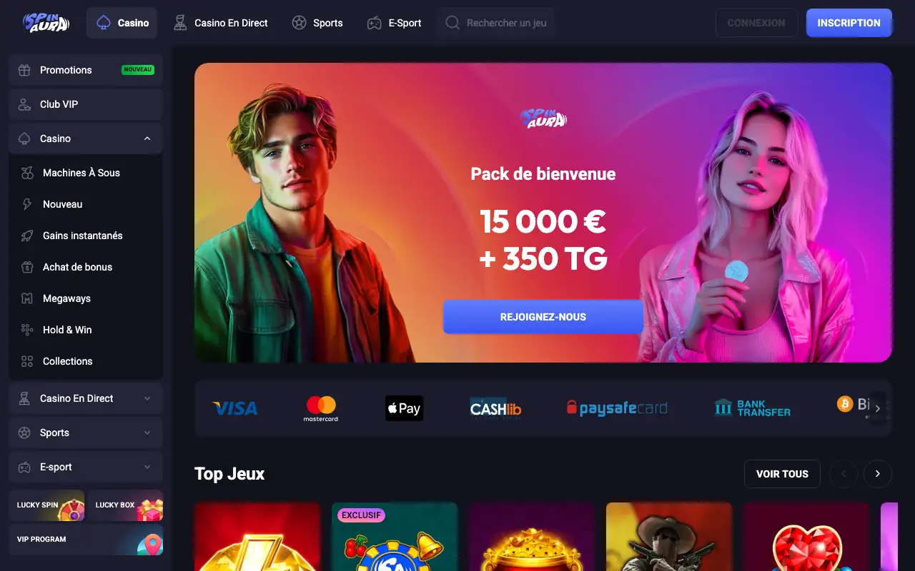 Accueil Spinaura Casino avec navigation et offres