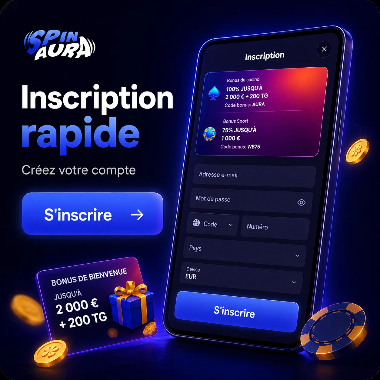 Écran SpinAura avec inscription rapide